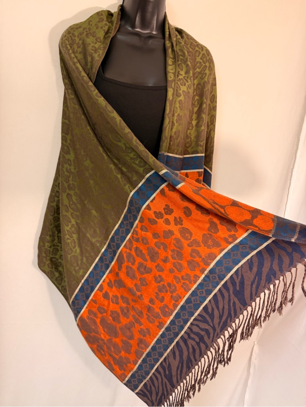 Olive and Orange Patterned Fringed Shawl - Picture 2 of 4